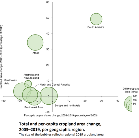 bubble plot chart - Total and per-capita cropland area change, 2003–2019, per geographic region (across globe)