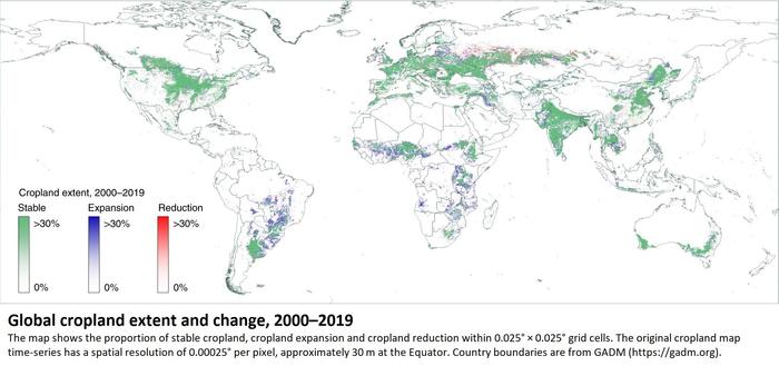 map - Global cropland extent and change, 2000–2019.