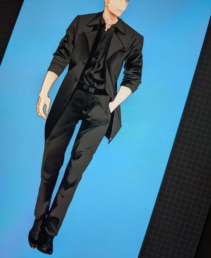 A digital drawing showing a young man in a dark / black suit walking forward. The background is blue.