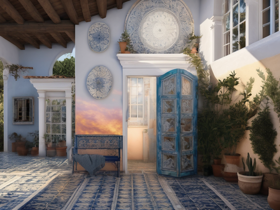 A spacious, high-ceilinged room. Sunlight casts patterns on a blue and white tiled floor. A blue folding door leads to an inner room.