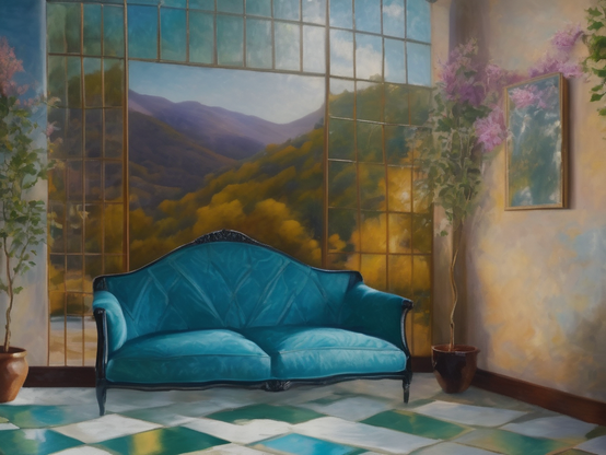 A cushiony aqua blue couch sits in a spacious room with a tiled stone floor and flowering plants, with a full wall window behind it showing autumnal mountains.