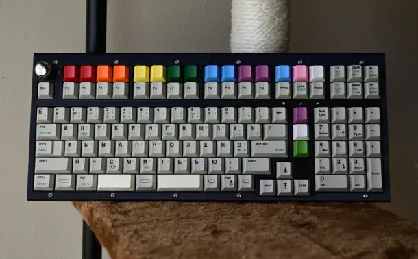 A mechanical keyboard with a second row of function keys.