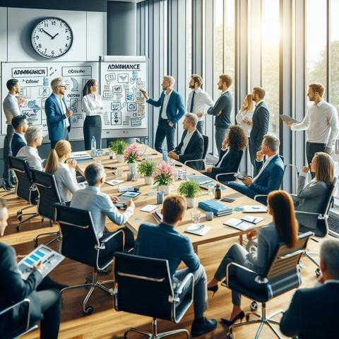 Fotorealistisches Bild, erstellt von der Microsoft KI Dall E3.
Gezeigt wird ein Treffen in der Kreisverwaltung Mayen-Koblenz. Mitarbeiter:innen der Verwaltung und weitere Teilnehmende diskutieren darüber, wie man agile Techniken und Methoden in die Verwaltung einbringen kann. Die Menschen stehen um einen Tisch. An der Stirnseite sind Flipcharts zu sehen.
