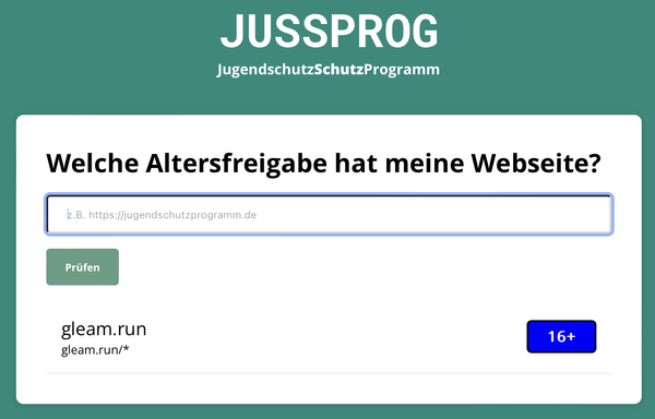 Screenshot of jugendschutzschutzprogramm.de showing gleam.run is 16+