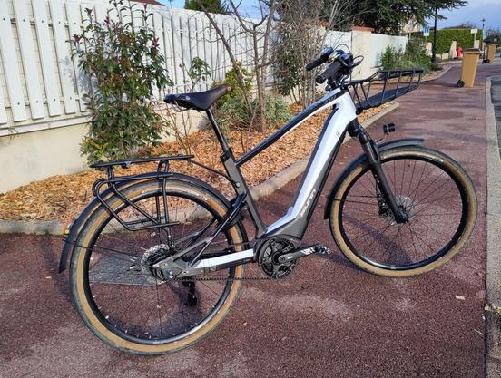 VAE urbain Sunn URB Rely blanc et noir avec un panier à l'avant, une transmission à courroie, des pneus à flancs beige et une selle en cuir.
Le vélo est posé dans la rue devant un massif arboré