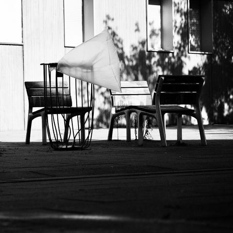 A black and white scene capturing a wind-inflated trash bag caught in mid-dance between park benches.