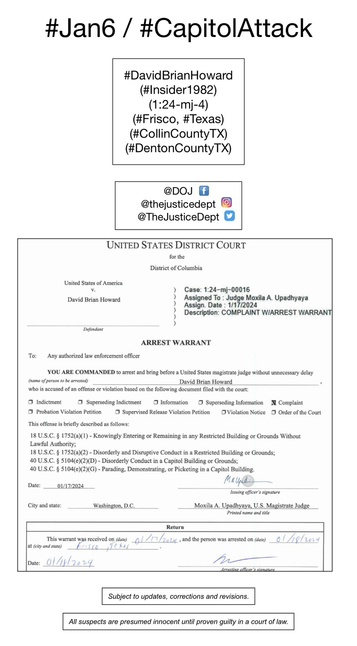 Screenshot of arrest warrant for January 6th riot suspect David Brian Howard (Frisco, Texas).