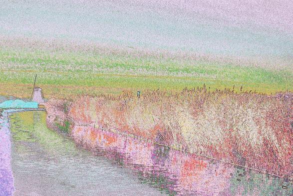 pastel drawing , on the left a hardly  frozen ditch runs to a windmill, Reed on the right of the ditch