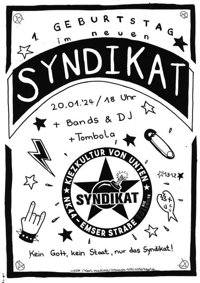 💥Ankündigung! Samstag 20.01.2024💥

🥂1. Geburtstag im neuen SYNDIKAT🎉

Samstag, 20.01.2024 | 18:00 Uhr | Syndikat Emserstraße 131, 12051 Berlin

Anreise: U7, S41, S42, S45, S46 Bus 171 Neukölln | Bus 377 Emser Straße

📣 Aufruf: https://t.me/syndikat44

#b2001 #SyndikatLebt!