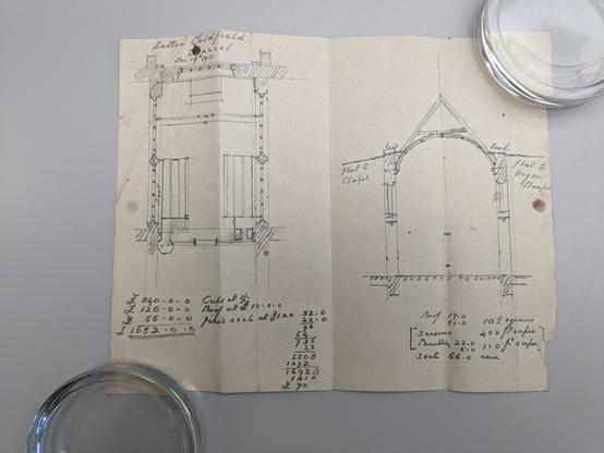 Two pen and ink drawings positioned side by side on a cream colour paper with three vertical creases.
Numbers in table form positioned beneath the drawings.