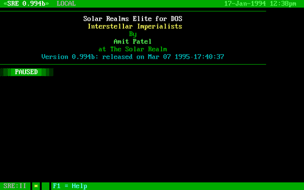 Solar Realms Elite BBS door game opening screen 
Made by Amit Patel version 0.994b released on Mar 07 1995