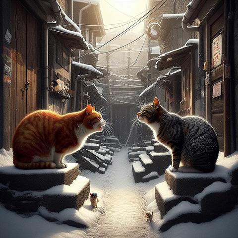 «Create by Bing Image Creator»
(Musical: Local Cats) Cats are exchanging greetings in a winter back alley.  Fine photograph