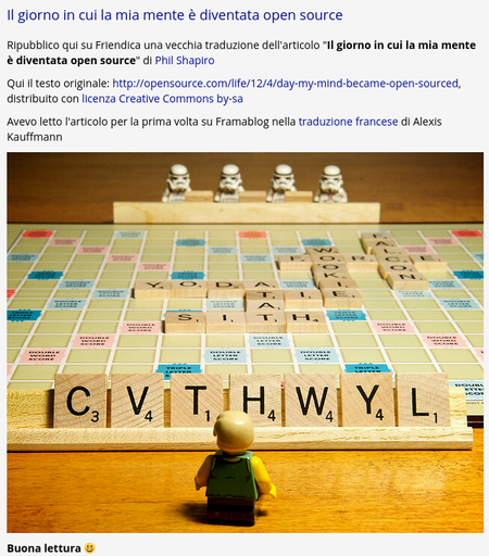 Il giorno in cui la mia mente è diventata open source

Ripubblico qui su Friendica una vecchia traduzione dell'articolo "Il giorno in cui la mia mente è diventata open source" di Phil Shapiro

Qui il testo originale: http://opensource.com/life/12/4/day-my-mind-became-open-sourced, distribuito con licenza Creative Commons by-sa

Avevo letto l'articolo per la prima volta su Framablog nella traduzione francese di Alexis Kauffmann