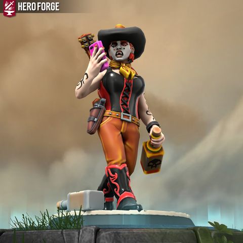 A bottom up view of a country western singing vampire checking her smart phone. She is holding a whisky bottle in her left hand and has an acoustic guitar slung over her back. 

She is wearing a black and red latex top, orange denim jeans, black and red rubber cowboy boots an orange cowboy hat with black bottom lining, and an orange bandana (I guess she likes orange. Her arms are covered in tattoos and her face is adorned with mime makeup. 

She has a holstered revolver on the right side of her waist.
