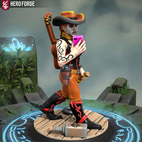 Right side view of country and Western singing vampire. 

She is walking on a wooden floor with a horseshoe and empty whisky bottle laying around.