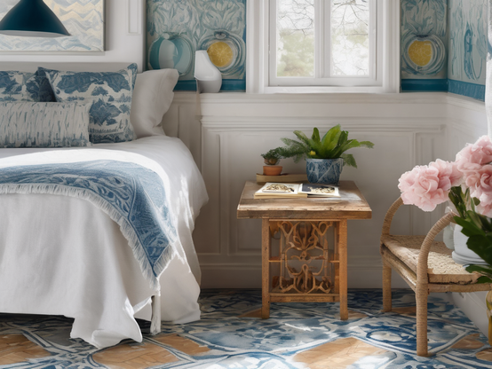 A sunny bedroom corner with a rustic wooden bedside table, blue patterned bedding, and vibrant plant accents against white wainscoting.