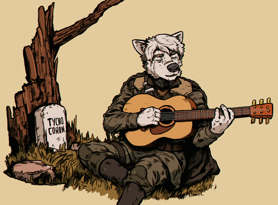 Anthro jindo in a ragged uniform plays guitar at a tribute site to his long-since fallen boyfriend.
