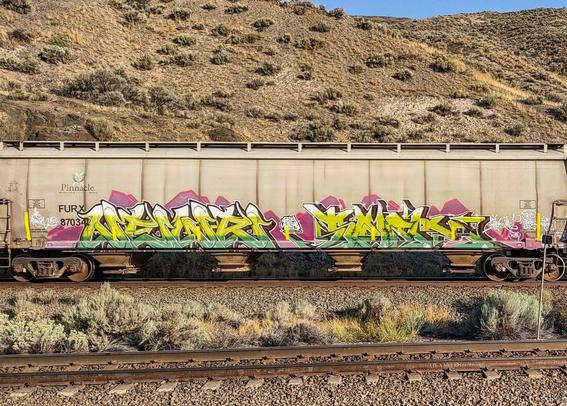 Train car with graffiti rolling through Kamloops BC Canada