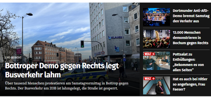 Ausschnitt von der Startseite der WAZ mit den im Beitrag genannten Headlines.