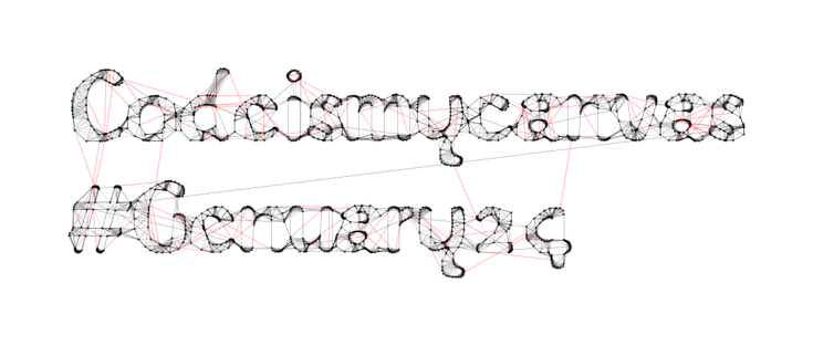The text "Codeismycanvas #Genuary24" is drawn using a generative technique where the control points around each glyph are randomly connected by straight lines to other nearby control points, filling in each character with multiple crossed lines.