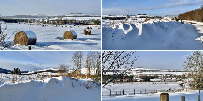 Four photo collage of very snowy scenes and drifting snow shapes. Farmland in the foreground, stretching across to snow covered hills in the background. A bright, cold, day, wintry blue skies.