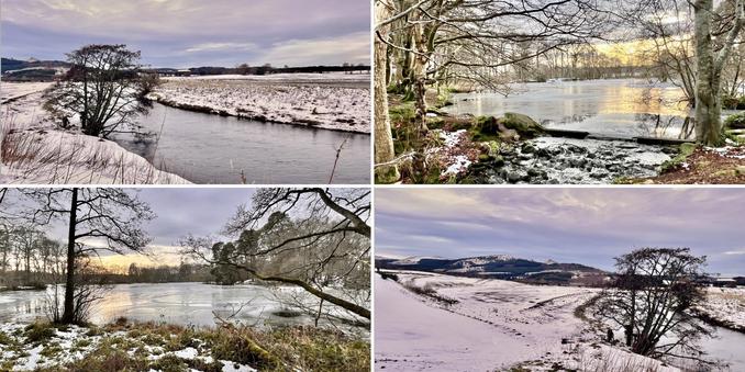 Four photo collage. Top left and bottom right: the river Don surrounded by snow covered fields  and a leafless tree, with snow covered Bennachie hill range in the background. Top right and bottom left: ice covered dam (some cracks, and thaw in places), with low lying sun appearing through leafless trees, creating a warm tone.