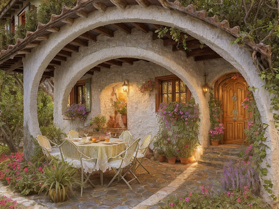 A garden dining area embraced by stone and blooms. A spiral shape is visible from a distance, and incorporated into the scene on close view.