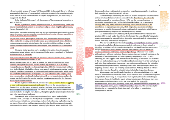Page 6 of Timothy Williamson's accepted critique (2024) of Philip Kitcher's 'What’s the Use of Philosophy?' (2023) with marginalia from Nick Byrd.

The main points of the marginalia are that Williamson relies two weak reasons to thin analytic philosophy is useful.

First, analytic philosophy is intrinsically valuable because all inquiry is.

Second, analytic philosophy is valuable because there are a handful of examples of in the entire history of analytic philosophy of an analytic philosophers' ideas becoming valuable later on (even if posthumously).

Overall, there seems to be no compelling argument or evidence that analytic philosophy or analytic philosophers are generally useful. Some of the best examples of the alleged utility involve people using scientific methods to make ideas from analytic philosophy *become* useful — a sign that the ideas were not useful on their own. 

Given the lack of citations of evidence for its empirical claims and lack of argument the critique seems to fall short of basic academic standards.
