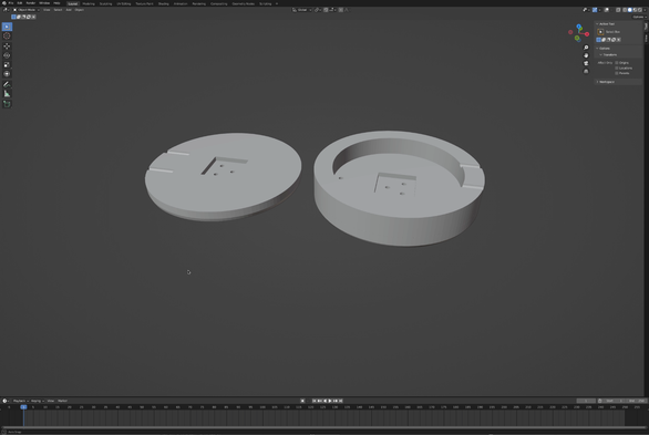 Blender user interface showing a 3/4 top-down view of a cylindrical box with a lid for holding a CR2032 coin cell battery.