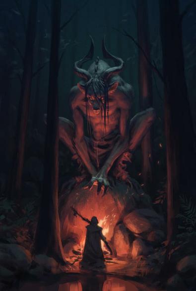 There is a man with a staff, hooded in a cloak, standing before a campfire. All that we can see is his back. He stands before a large, terrifying creature. His face is animalistic and he has horns and claws on his paws / hands. He's resting on a rock near the fire. The two are staring at one another. It's dark around them. The night has come.