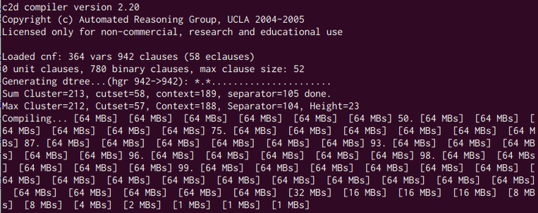 Output from running c2d.  It shows some statistics about the CNF input, some debugging output I don't understand, and a log of its memory allocations until it exits.