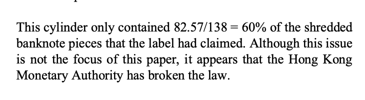Screenshot from the paper, it reads: "This cylinder only contained 82.57/138 = 60% of the shredded banknote pieces that the label had claimed. Although this issue is not the focus of this paper, it appears that the Hong Kong Monetary Authority has broken the law."