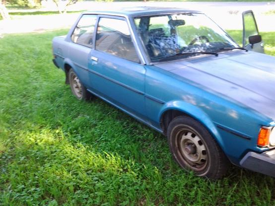 A light blue Toyota Corolla basking in the sunshine, parked at an angle in a field of green grass. The bumper is black.