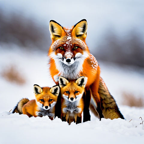 «Generated by StableDiffusionXL»
Prompt: (Photo of a mother fox watching over her cubs who are absorbed in playing in the snow) A family of foxes and their offspring taking a walk on a snowy field.  Footprints are rarely left in the snow, so the two baby foxes often stop and play by kicking the snow.  The mother fox seems to be worried that humans are setting traps in the snow, fine details, Negative: low quality, ugly, Aspect: square 1:1(1024:1024), Style: Photographic, CFG_scale: 13, Sampler: ddim, Seed: 151939937