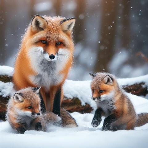 «Create by Bing Image Creator»
(Photo of a mother fox watching her cubs playing in the snow) Two young foxes are kicking around in the snow.  The mother fox is quietly watching over her.  The mother fox is on the lookout for enemies and traps.