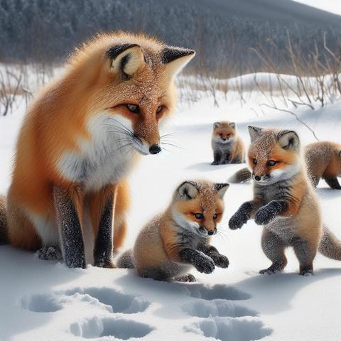 «Create by Bing Image Creator»
(Photo of a mother fox watching over her cubs who are absorbed in playing in the snow) A family of foxes and their offspring taking a walk on a snowy field.  Footprints are rarely left in the snow, so the two baby foxes often stop and play by kicking the snow.  The mother fox seems to be worried that humans are setting traps in the snow.