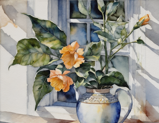 A pitcher holding orange blooms with wide green leaves, beside a window. Watercolor style.