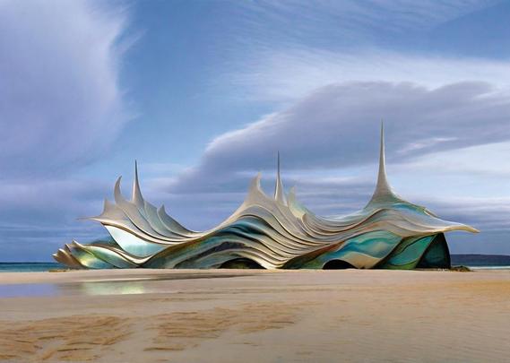 A fluid futuristic building on a beach, made of iridescent materials that adapt to changing tides.