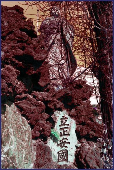 A Buddhist statue standing on an artificial rock and right next to a tree, whose thin barren branches crisscross in front of the monk in a tight mesh. If there were any leaves on them you wouldn't be able to see him.