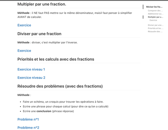Plan de travail : les élèves disposent de liens vers des exercices de maths. Ces exercices sont classés par compétence mathématiques. Il y a, pour certaines compétences, un rappel de la méthode à employer, ou des différentes étapes à franchir, pour réussir.