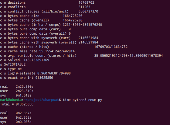 Screenshot showing same result (913,625,856 solutions) using the SharpSAT-TD solver and custom Python code to run the same enumeration.  The SharpSAT-TD run took 2m25.390s while my Python code took 2.367s.

There is a bunch of debug output from SharpSAT-TD like cache miss rate and memory usage. It says it made 16,769,702 decisions.