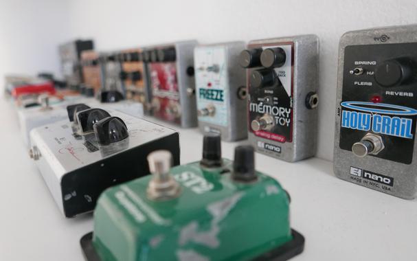 A row of effects pedals.