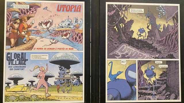 Extrait de planches publiées : UTOPIA

“Ils ont pensé leur futur comme un rêve éveillé.”

Slogan : “LE MONDE DE DEMAIN À PORTÉE DE MAIN”

“Ils avaient de la ressource, de l'imagination...et la folie des grandeurs.”

Slogan : “DES LENDEMAINS QUI CHANTENT”

“Résultat : 11s ont fini par pourrir la planète.”

“Ensuite ? Ils sont partis.”