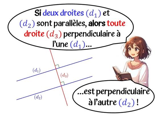 Personnage qui donne la propriété :
Si deux droites sont parallèles, alors toute droite perpendiculaires à l'une est perpendiculaire à l'autre.
