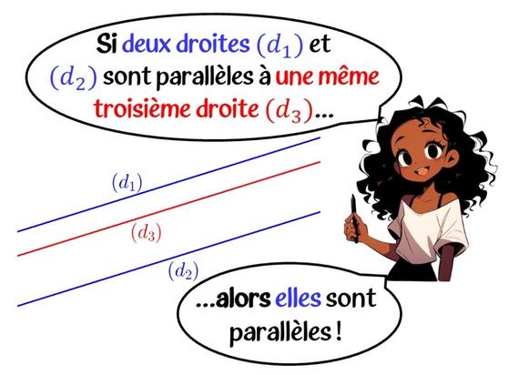 Personnage qui donne la propriété :
Si deux droites sont parallèles, alors toute droite parallèle à l'une est parallèle à l'autre.