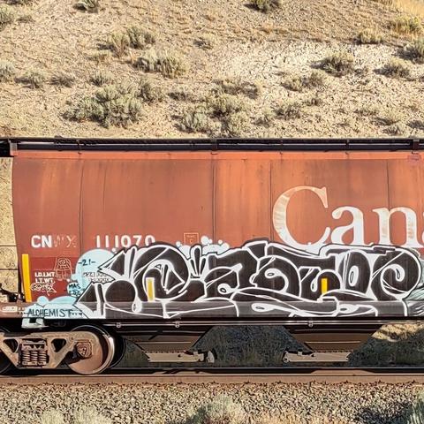 Train car with graffiti rolling through Kamloops BC Canada
