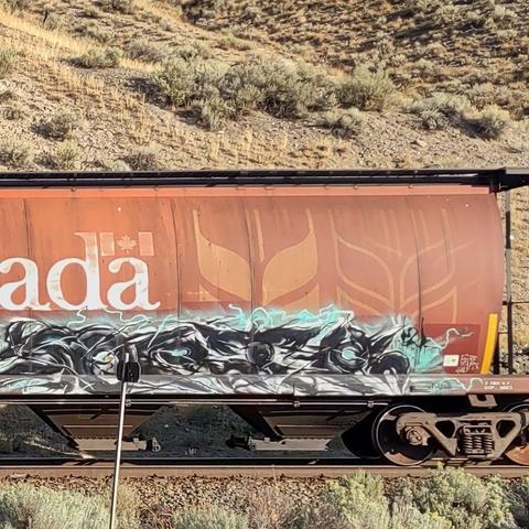 Train car with graffiti rolling through Kamloops BC Canada