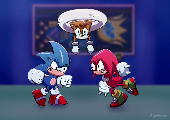 Sonic and Knuckles are goin' at it. Tails is flying above them and has a one thousand yard stare towards the viewer