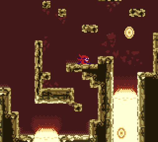 Screenshot from Enceladus by mr.papshmir, showing one of the later evolutions of the playable red alien character exploring the lava caves underneath the research facility.