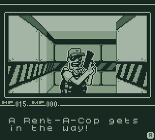 Screenshot of Abducted by grimmrobegames, showing the initial dungeon, with a sprite of a cop in glasses holding a gun standing in front. The text on the bottom says "A Rent-A-Cop gets in the way!"